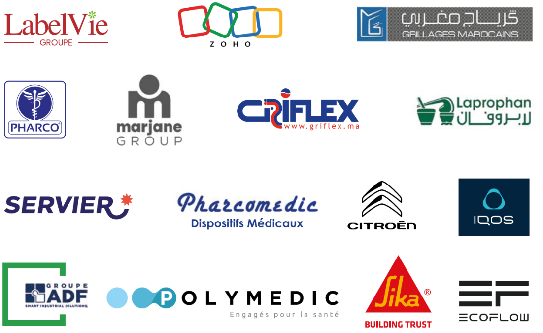 Partenaires institutionnels de PointProduction — LabelVie, Zoho, Grillages Marocains, Pharco, Marjane, Griflex, Laprophan, Servier, Pharcomedic, Citroën, IQOS, ADF, Polymedic, Sika, Ecoflow